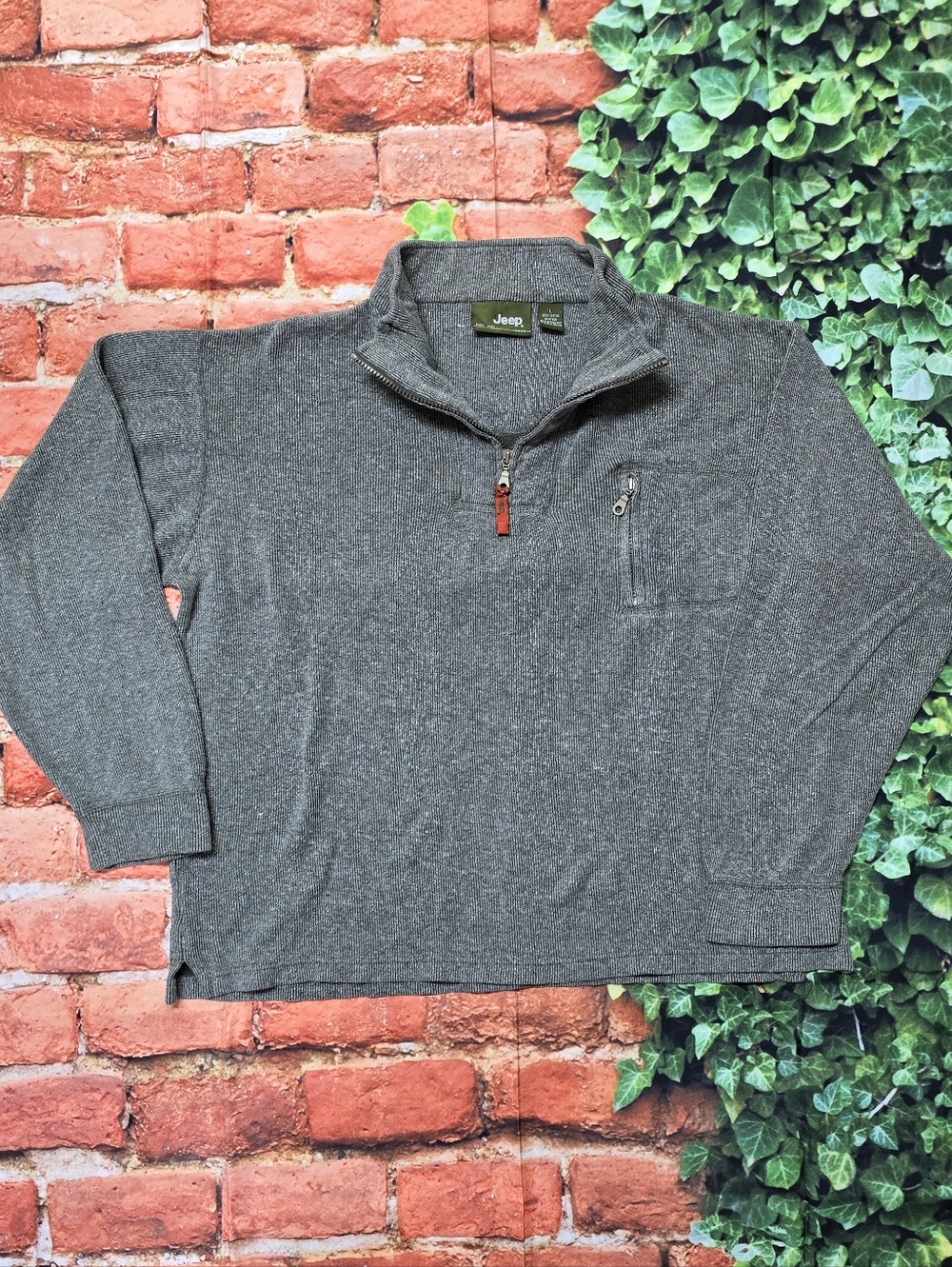 Jeep 100% Cotton Textured Knit 1/4 Zip Mens Size Large Pullover Heather Olive